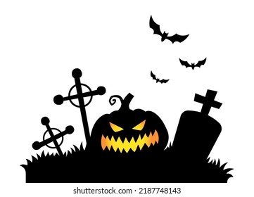 Midnight graveyard silhouette with pumpkin and bats. Halloween vector illustration.