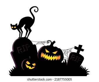 Midnight Graveyard Silhouette With Pumpkin And Cat. Spooky Halloween Illustration.