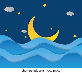 midnight with half moon,paper art and craft style.