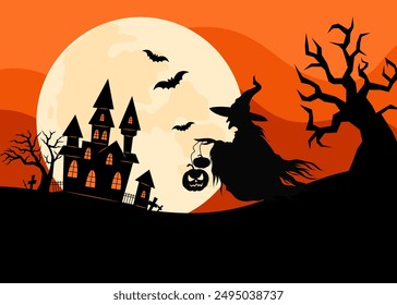 
Midnight Halloween background with old witch and pumpkins. Silhouettes of old scary trees.  Festive background with silhouette of witch and house in flat style.