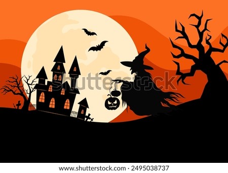 
Midnight Halloween background with old witch and pumpkins. Silhouettes of old scary trees.  Festive background with silhouette of witch and house in flat style.