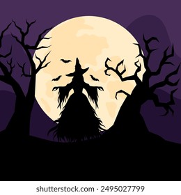 Midnight Halloween background with witch and bats. Silhouettes of old scary trees.  Festive background with witch silhouette in flat style.