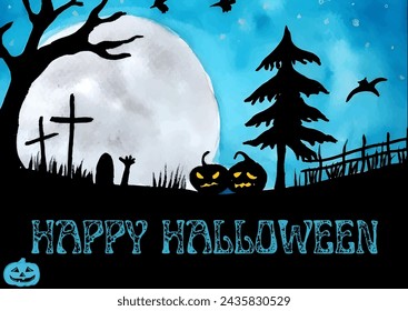 Midnight Halloween sky with flying bats and moon, horror night holiday cartoon vector background. Happy Halloween, trick or treat party celebration poster with scary pumpkins in haunted forest 