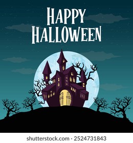 Cielo de Halloween de medianoche con murciélagos voladores y luna, fondo de Vector de dibujos animados de vacaciones de noche de terror. Feliz Halloween, cartel de celebración de fiesta de truco o trato con murciélagos espeluznantes en el bosque embrujado y la luna