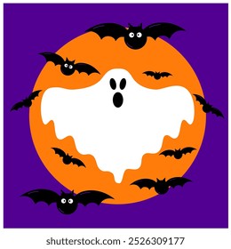 Midnight Halloween sky with flying bats and moon, and scary ghost Holiday cartoon vector background. Happy Halloween, trick or treat party celebration poster with spooky bats in haunted forest and moo