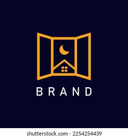 Midnight House Window Logo Design illustration with Golden Color