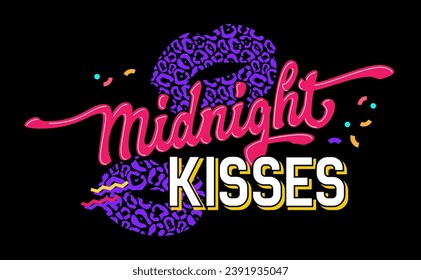 Midnight kisses, vibrant and playful 90s-style lettering phrase. Festive New year themed typography design element. Bright neon text on geometric background with lips print in trendy leopard pattern