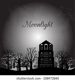 Midnight landscape with old house and trees, halloween composition, hand drawn vector illustration