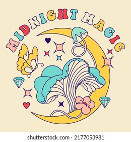 "Midnight magic" groovy inspiration slogan with crescent moon and shrooms. Print for tee, t, t shirt. Hippy Style social media post with Mushrooms. Sacred Graphic, sticker with toadstool, fly agaric.