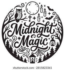 Midnight magic hand drawn lettering with mystical elements like an owl, moon, candles, and trees, creating an enchanting nighttime scene for designs and decor.