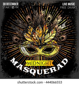 Midnight masquerade party poster with time place and big beautiful mask with feathers and decorations hand drawn vector illustration