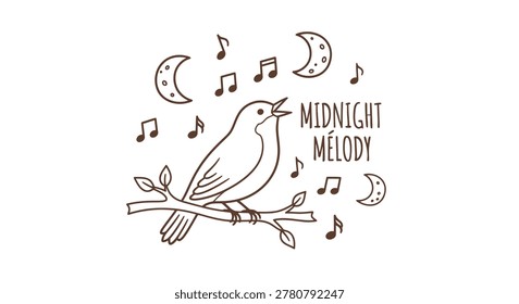 Midnight Melody illustration featuring a singing bird perched on a branch surrounded by musical notes and crescent moons. Minimalist hand-drawn line art on white background.