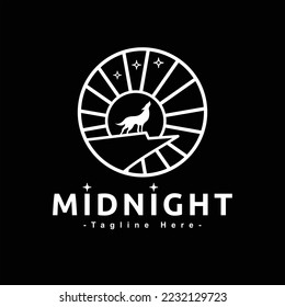 Midnight minimalist and modern logo design with wolf animal and moonlight