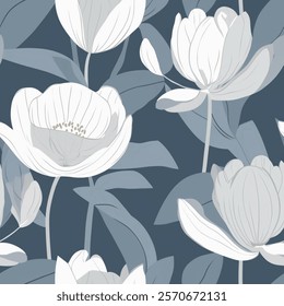 Midnight Navy Blue Aqua  French Grey White Abstract Wild Flower Elegant Leaf Watercolor Scandinavian Design Seamless Pattern Wallpaper Curtain Bedding Upholstery Pastel Fabric Background Vector