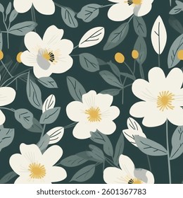 Midnight Navy Blue Aqua Yellow Orange Brown French Grey White Abstract Wild Lily Flower Elegant Leaf Watercolor Scandinavian Design Seamless Pattern Wallpaper Bedding Pastel Fabric Background Vector