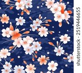 Midnight Navy Blue Chic Japanese Cherry Blossoms Kimono Yukata Pink Red Blue Sakura Colorful Seamless Pattern Wallpaper Bedding Background Upholstery Gift Wrapping Paper Vector 