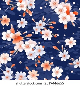 Midnight Navy Blue Chic Japanese Cherry Blossoms Kimono Yukata Pink Red Blue Sakura Colorful Seamless Pattern Wallpaper Bedding Background Upholstery Gift Wrapping Paper Vector 