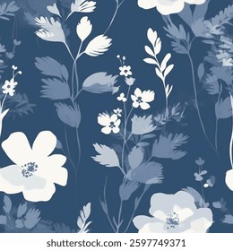Midnight Navy Blue Dark Aqua French Grey White Abstract Wild Flower Elegant Leaf Watercolor Scandinavian Design Seamless Pattern Wallpaper Curtain Bedding Upholstery Pastel Fabric Background Vector