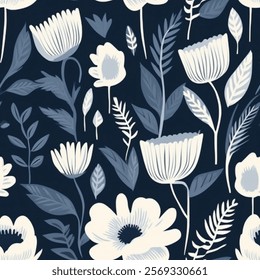 Midnight Navy Blue French Grey White Abstract Wild Flower Elegant Leaf Watercolor Scandinavian Design Seamless Pattern Wallpaper Curtain Bedding Upholstery Pastel Fabric Background Vector