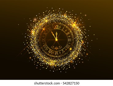 Midnight New Year. Clock with Roman numerals and gold confetti on dark background. Illustration in vector format