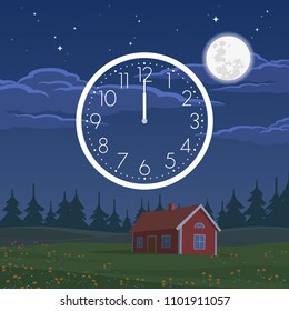Midnight. Night background with clock