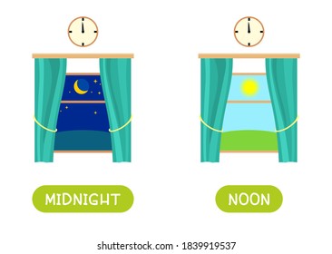 MIDNIGHT and NOON antonyms word card vector template. Flashcard for english language learning. Opposites concept. Day outside the window, night outside.