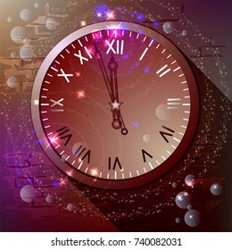 Midnight on the clock. Bright New Year's background with sparks