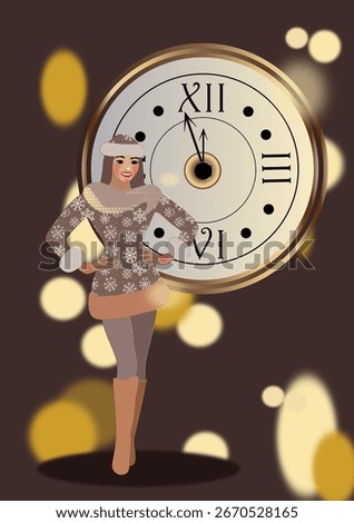 Midnight on New Year's Eve, a girl in a winter fur coat stands against the backdrop of an old clock. The hands stopped at 23:59, sparks and confetti are all around. The New Year is beginning.