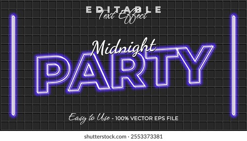 Midnight party text effect, glow neon graphic style, light editable text