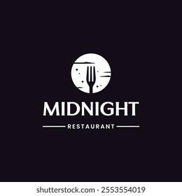 Midnight Restaurant, Full moon with Fork for Dinner Restaurant Vintage Logo design vector