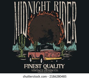 Midnight rider at the desert. Fire vector design. Desert road trip vector design. cactus wild. fire moon.