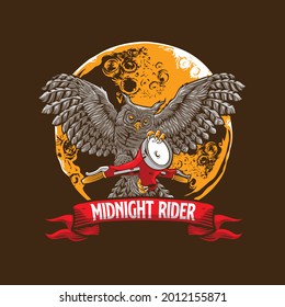 midnight rider owl holding vespa handlebar vector illustration