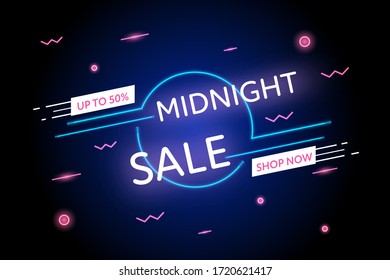 Midnight sale up to 50% promotion glowing light blue and pink banner in memphis style.