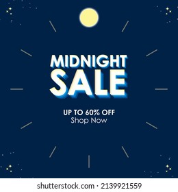 Midnight Sale - Up to 60% Off with Shop Now CTA. Sale Sign in Dark Blue background inside a clock with the moon symbol as midnight. Vector Illustration - EPS 10 File