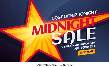 midnight sale banner with yellow star in background