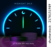Midnight Sale Concept. Two 3d  podium pedestal for product showcase. Scene with neon clock and typography. Clock hand pointing to 12 am with neon moon icon. Up to 50% off and more. Vector. EPS 10