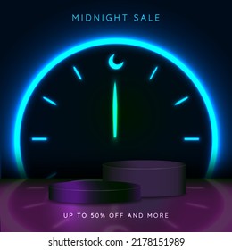 Midnight Sale Concept. Two 3d  podium pedestal for product showcase. Scene with neon clock and typography. Clock hand pointing to 12 am with neon moon icon. Up to 50% off and more. Vector. EPS 10 - Shutterstock ID 2178151989