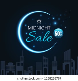 Midnight sale with crescent moon and city night style. Vector illustration.