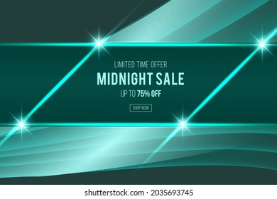 Midnight sale dark green design for business with shini glow sparkles effect. can use for poster, banner, flyer, pamphlet, leaflet, brochure, catalog, web, site, website business backgrounds