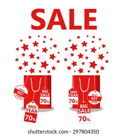 Midnight sale. Label price cuts. Star on Shopping bag. Red symbols. Hot sale. Vector illustration