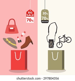 Midnight sale. Label price cuts. Product on Shopping bag. Red symbols. Hot sale. Vector illustration