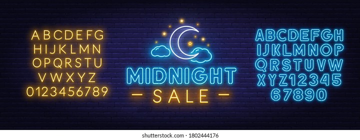 Midnight sale neon sign on a brick wall background. - Shutterstock ID 1802444176