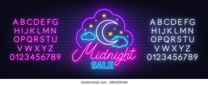 Midnight sale neon sign on a brick wall background.