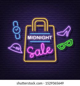 midnight sale neon signboard vector design