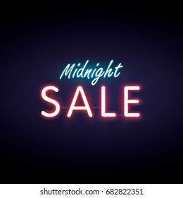 Midnight sale neon style heading design for banner or poster. Sale and Discounts Concept. Vector illustration.