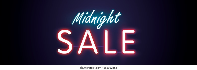 Midnight sale neon style heading design for banner or poster. Sale and Discounts Concept. Vector illustration.