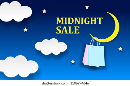 
midnight sale shopping concept.  moon,shopping bags ,star,clouds . on night sky . blue background. paper art style.  Vector, illustration.