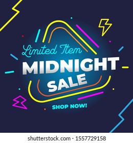 Midnight Sale Template Design with neon light style for Advertising text, banner and social media campaign post. Vector Illustration