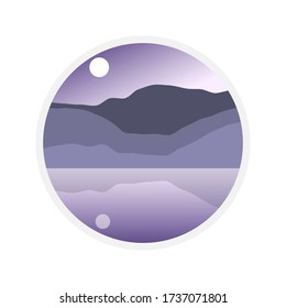 Midnight seaside in front of the mountains. Landscape circle illustration. Vector.  