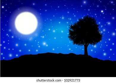 Midnight silhouette with moon and tree
